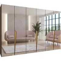 MEBLE KRYSPOL - Kleiderschrank - Garderobenschrank - 300 cm x 202 x 52 cm - Schrank mit Kleiderstange und Spiegel, 6 Türen - für Schlafzimmer, Flur - PIANO, Nussbaum Warmia, Griff: Gold