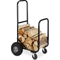 Relaxdays Brennholzkarre - 4 Räder - 60 kg - Innen - Außen - Stahl - für Kaminholz - Schwarz