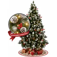 UISEBRT Künstlicher Weihnachtsbaum mit integrierten LED-Lichtern, Tannenzapfen und roten Beeren, Schneebeschichtung, Holzständer, 1,5 m Weihnachtsdekoration