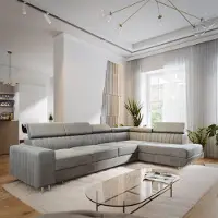 Masseno Ecksofa HESTION mit Schlaffunktion L-Form, Sofa mit Bettkasten, Wohnzimmersofa, Couch, Soffa, Bettsofa, Couchgarnitur- Hellgrau, MONOLITH 84