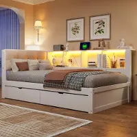 ALFORIGO Tagesbett 90x200 cm mit 2 Schubladen, 3-stufigem Seitenregal, dimmbarer LED-Leiste und USB-Anschluss, Kiefernholz/MDF, Weiß
