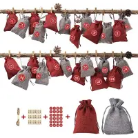 Lubgitsr Adventskalender-Set zum Befüllen von Stoffbeuteln, 1-24 Adventszahlen-Aufkleber, Jute-Geschenktüte, Weihnachtskalender-Bastelset, Bastelbeutel mit Kordelzug