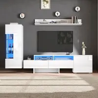 Treeboy TV Wohnwand Set 3-teilig, Hochglanz TV Wohnzimmermöbel-Set mit LED, modernes TV-Schrank, stehend und hängend, Acryl-Schranktüren, Glastrennwand, Weiß, TV bis 70'