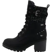 Mustang Schnürstiefelette SHOES "Stiefelette", Damen, Gr. 41, wärmend, schwarz-weiß (schwarz), Lederimitat, Textil, Schuhe Schnürstiefelette, Blockabsatz, Schnürboots mit Zierschnalle und Nieten