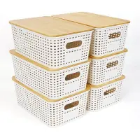 Markenlos Aufbewahrungsboxen Set mit Bambusdeckel - 6 Stück, stapelbar, 25,7 x 18 x 10,7 cm