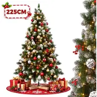YARDIN Künstlicher Tannenbaum mit Schneeoptik, fest verbauten LED-Leuchten, Holzständer, Dekozapfen und Beeren, 2,25 m Festdekoration