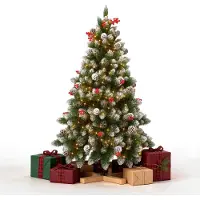 ACXIN Weihnachtsbaum künstlich mit Schneeimitat, integrierter LED-Beleuchtung, Massivholzständer, Dekorelementen, 1,8 m Raumdekoration