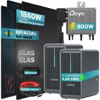 SUNNIVA 1840W Balkonkraftwerk Deye mit 4,48 kWh Speicher Marstek B2500-D, 4x 460W BIFAZIAL FULLBLACK komplett Steckdose, PV Solaranlage+Solarspeicher