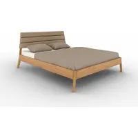 Natur24 Bett Swig 2 Sonderlänge 160x220 Wildeiche massiv Polsterkopfteil Beige Holzbeine
