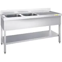 GOLDINOX Edelstahl-Spüle, 1600 x 600 mm, mit 2 Becken auf der linken Seite und Abtropfbereich auf der rechten Seite, –