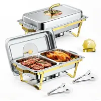 Vevor Chafing Dish Set 2-tlg. Buffets je 8,52 L Edelstahl Warmhaltebehälter, Hochzeiten, Partys, Bankette, Faltbarer Ständer, 1 Behälter in Voller Größe und 2 Behälter in Halber Größe, Servierzange
