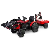 Toyz Hercules Elektro-Kindertraktor rot mit Frontlader, Baggerarm und Anhänger