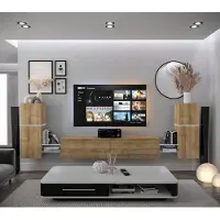 Furnitech Wohnwand Wohnzimmer - Wohnzimmer Möbel mit LED RGB - 16 Farben - Hängend Wohnwand Modern - Regale und TV Schrank (AN104-21DZ-M5-1C)