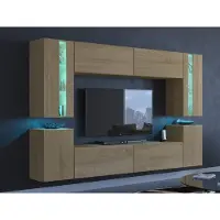 Furnitech Wohnwand Eiche Gold | Wohnzimmer Möbel mit LED Weiß | Hängend Wohnwand Modern | Wohnzimmer Schrankwand mit Regale und TV Schrank