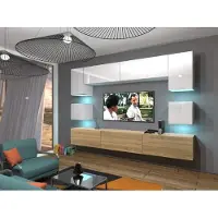 Furnitech Wohnwand Wohnzimmer - Wohnzimmer Möbel mit LED RGB - Hängend Wohnwand Modern - Wohnzimmer Schrankwand(Nowara AN1-17WS-HGM38 1A)