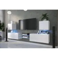 Furnitech Wohnwand Wohnzimmer - Wohnzimmer Möbel mit LED Weiß - Hängend Wohnwand Modern - Wohnzimmer Schrankwand(D144N-21W-HG2-1C)