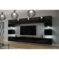Furnitech Wohnwand Wohnzimmer Möbel (Schwarz) mit LED Weiß - Hängend Wohnzimmerwand Modern - Schrankwand(Nowara AN1-17B-HG20 1C)