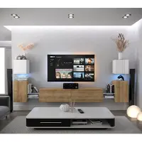 Furnitech Wohnwand Wohnzimmer - Wohnzimmer Möbel mit LED Blau - Hängend Wohnwand Modern - Regale und TV Schrank (AN105-21WDZ-HGM5 1A)