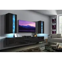 Furnitech Wohnwand Wohnzimmer - Wohnzimmer Möbel mit LED Blau - Hängend Wohnwand Modern - Regale und TV Schrank (Luiziana AN20-18B-HG1 1B)