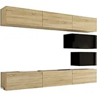 Furnitech Wohnwand Wohnzimmer - Wohnzimmer Möbel mit LED RGB - 16 Farben - Hängend Wohnwand Modern - Regale und TV Schrank (Future C16/HGM/BS/6 1B - 273 cm)
