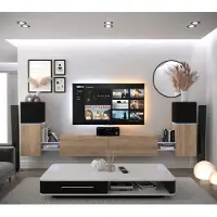 Furnitech Wohnwand Wohnzimmer - Wohnzimmer Möbel mit LED Blau - Hängend Wohnwand Modern - Regale und TV Schrank (AN104-21BS-M14 1A)