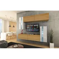 Furnitech Wohnwand Wohnzimmer | Wohnzimmer Möbel mit LED Weiß | Hängend Wohnwand Modern | Wohnzimmer Schrankwand mit Regale und TV Schrank (Future C30-HGM-WD-50 1B | 219cm)