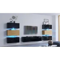 Furnitech Wohnwand Wohnzimmer - Wohnzimmer Möbel mit LED Blau - Hängend Wohnwand Modern - Regale und TV Schrank (Henri AN72-19BD-HGM8-1B - 316cm)