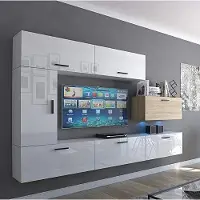 Furnitech Wohnwand Wohnzimmer | Wohnzimmer Möbel mit LED RGB - 16 Farben | Hängend Wohnwand Modern | Wohnzimmer Schrankwand mit Regale und TV Schrank (Future C10_HGM_WS_14 1A)