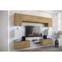 Furnitech Wohnwand Wohnzimmer - Wohnzimmer Möbel mit LED Blau - Hängend Wohnwand Modern - Regale und TV Schrank (Nowara ANX1-17DZW-HGM-34-1A)