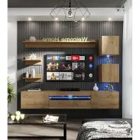 Furnitech Wohnwand Wohnzimmer, Möbel, Hängend Wohnwand Modern, Schrankwand mit Regale, TV Schrank, 191 cm, Eiche Gold M27-24M-DZ4 1A ohne LED
