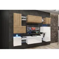 Furnitech Wohnwand Wohnzimmer - Wohnzimmer Möbel mit LED Blau - Hängend Wohnwand Modern - Wohnzimmer Schrankwand mit Regale und TV Schrank (Albania AN3N-21DZW-HGM37-1B)