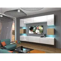 Furnitech Wohnwand Wohnzimmer - Wohnzimmer Möbel mit LED Blau - Hängend Wohnwand Modern - Wohnzimmer Schrankwand(Nowara AN1-17WS-HGM37 1B)