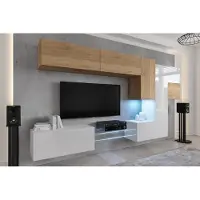 Furnitech Wohnwand Wohnzimmer - Wohnzimmer Möbel mit LED Blau - Hängend Wohnwand Modern - Regale und TV Schrank (AN92NEW-21SW-HGM26)