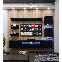 Furnitech Wohnwand Wohnzimmer, Möbel, Hängend Wohnwand Modern, Schrankwand mit Regale, TV Schrank, 239 cm, Schwarz Matt M27-24M-B1 1B mit LED weiß