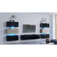 Furnitech Wohnwand Wohnzimmer - Wohnzimmer Möbel mit LED Weiß - Hängend Wohnwand Modern - Regale und TV Schrank (Henri AN72-19BS-HGM7-1A - 287cm)