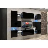 Furnitech Wohnwand Wohnzimmer - Wohnzimmer Möbel mit LED Blau - Hängend Wohnwand Modern - Regale und TV Schrank (Albania AN3N-21B-HG1-1B)