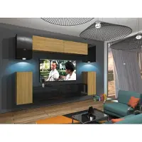 Furnitech Wohnwand Wohnzimmer - Wohnzimmer Möbel mit LED RGB - 16 Farben - Hängend Wohnwand Modern - Regale und TV Schrank (Rodos AN43-17BD-HGM49 1A)