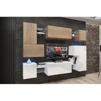 Furnitech Wohnwand Wohnzimmer - Wohnzimmer Möbel mit LED Blau - Hängend Wohnwand Modern - Regale und TV Schrank (Albania AN3N-21SW-HGM35-1C)