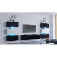 Furnitech Wohnwand Wohnzimmer | Wohnzimmer Möbel mit LED RGB - 16 Farben | Hängend Wohnwand Modern | Wohnzimmer Schrankwand mit Regale und TV Schrank (Henri AN72-19BW-HG4 -1A | 287cm)