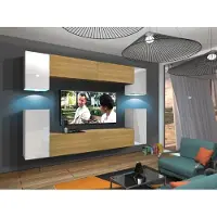 Furnitech Wohnwand Wohnzimmer - Wohnzimmer Möbel mit LED RGB - 16 Farben - Hängend Wohnwand Modern - Regale und TV Schrank (Rodos AN43-17WD-HGM53 1A)