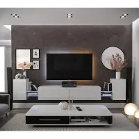 Furnitech Wohnwand Wohnzimmer - Wohnzimmer Möbel mit LED RGB - 16 Farben - Hängend Wohnwand Modern - Regale und TV Schrank (AN103-21W-HG2-1A)