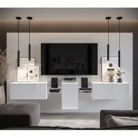 Furnitech Wohnwand Wohnzimmer - Wohnzimmer Möbel mit LED Weiß - Hängend Wohnwand Modern - Regale und TV Schrank (AN98-21W-HG2-1A)