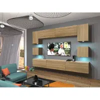 Furnitech Wohnwand Wohnzimmer - Wohnzimmer Möbel mit LED Weiß - Hängend Wohnwand Modern - Wohnzimmer Schrankwand(Nowara AN1-17S-M50 1B)