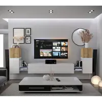 Furnitech Wohnwand Wohnzimmer - Hängend Wohnwand Modern - Regale und TV Schrank - Wohnzimmer Möbel ohne LED (AN104-21DZW-HGM3-1A)