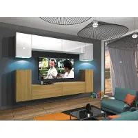 Furnitech Wohnwand Wohnzimmer - Wohnzimmer Möbel mit LED Weiß - Hängend Wohnwand Modern - Regale und TV Schrank (Rodos AN43-17WD-HGM52 1A)