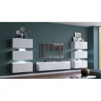 Furnitech Wohnwand Wohnzimmer - Wohnzimmer Möbel mit LED Weiß - Hängend Wohnwand Modern - Regale und TV Schrank (Henri AN72-19W-HG2 - 1B - 316 cm)