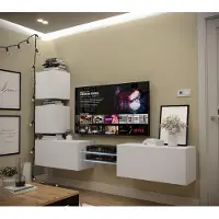 Furnitech Wohnwand Wohnzimmer - Wohnzimmer Möbel mit LED Blau - Hängend Wohnwand Modern - Wohnzimmer Schrankwand mit Regale und TV Schrank (AN100-21W-M3-1C)