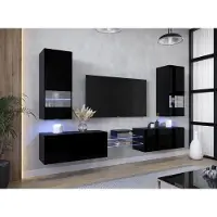 Furnitech Wohnwand Wohnzimmer - Wohnzimmer Möbel mit LED RGB - 16 Farben - Hängend Wohnwand Modern - Regale und TV Schrank (AN21-NEW-21B-HG1-1B)