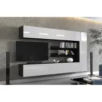 Furnitech Wohnwand 249 cm, Möbel-Set fürs Wohnzimmer, Weiß Hochglanz, Schwarz Matt, Moderne Schränke, Regale, Funktionalität, Modell AN142-1A
