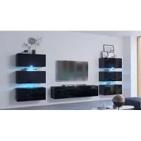 Furnitech Wohnwand Wohnzimmer | Wohnzimmer Möbel mit LED RGB - 16 Farben | Hängend Wohnwand Modern | Wohnzimmer Schrankwand mit Regale und TV Schrank (Henri AN72-19B-HG1 - 1B | 316 cm)